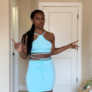 Aqua Blue Lace Up Two Piece Skirt Set